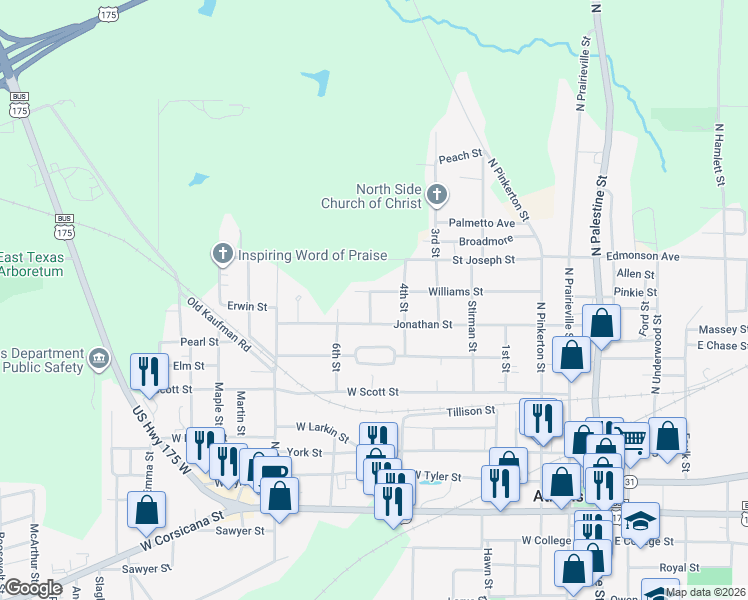 map of restaurants, bars, coffee shops, grocery stores, and more near 702 Williams Street in Athens