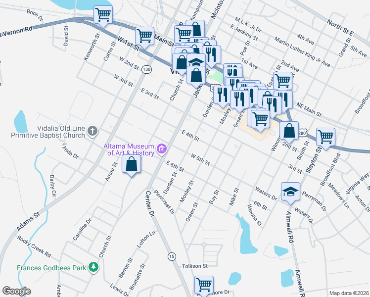 map of restaurants, bars, coffee shops, grocery stores, and more near 505 Durden Street in Vidalia