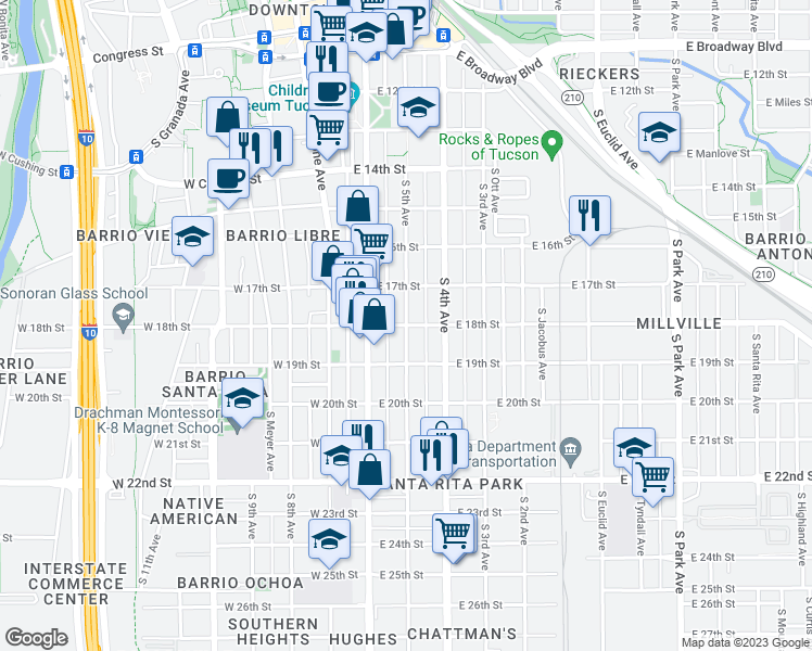 map of restaurants, bars, coffee shops, grocery stores, and more near E 18th St & S 5th Ave in Tucson