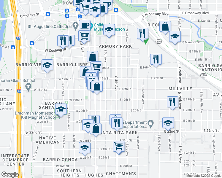 map of restaurants, bars, coffee shops, grocery stores, and more near East 18th Street & South Herbert Avenue in Tucson