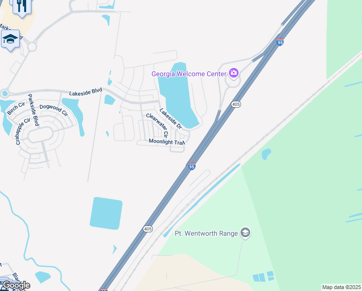 map of restaurants, bars, coffee shops, grocery stores, and more near 31 Moonlight Trail in Port Wentworth
