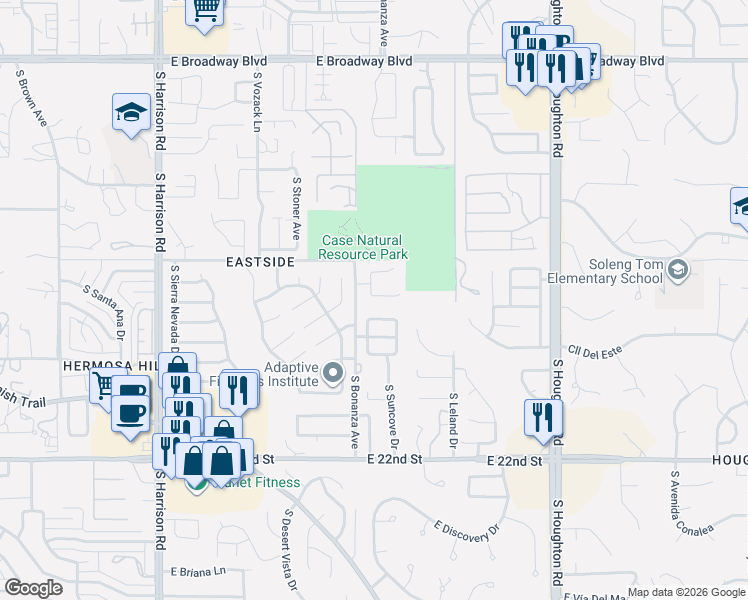 map of restaurants, bars, coffee shops, grocery stores, and more near 9916 East Caldera Place in Tucson