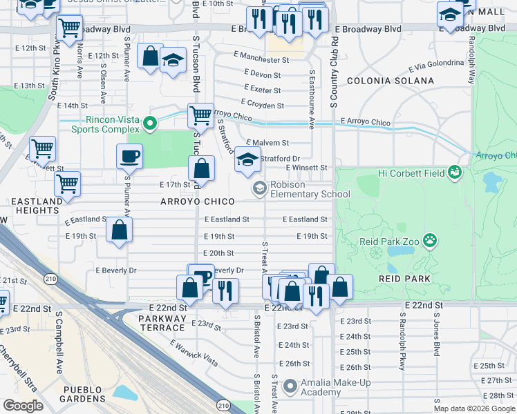 map of restaurants, bars, coffee shops, grocery stores, and more near 2807 East 18th Street in Tucson