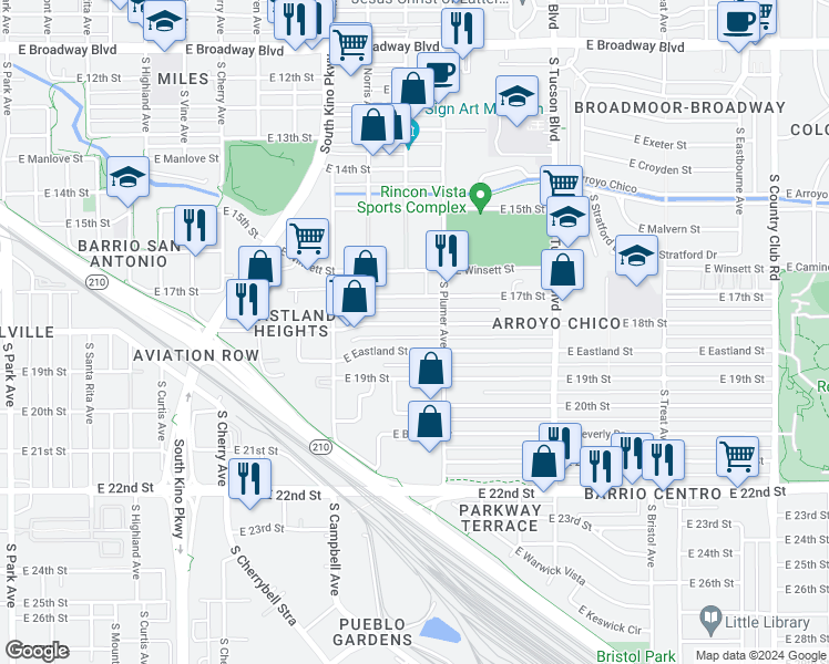 map of restaurants, bars, coffee shops, grocery stores, and more near 2131 East 18th Street in Tucson