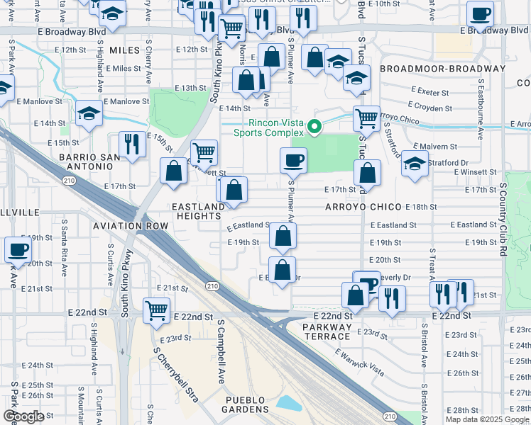 map of restaurants, bars, coffee shops, grocery stores, and more near 2023 East 18th Street in Tucson