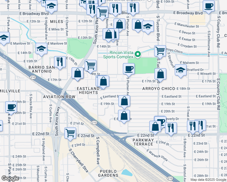 map of restaurants, bars, coffee shops, grocery stores, and more near 2023 East 18th Street in Tucson