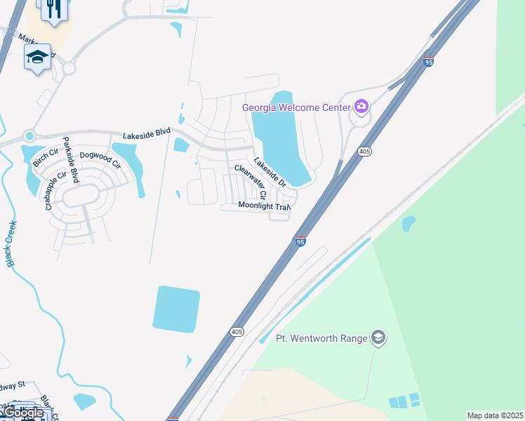 map of restaurants, bars, coffee shops, grocery stores, and more near 110 Moonlight Trail in Port Wentworth
