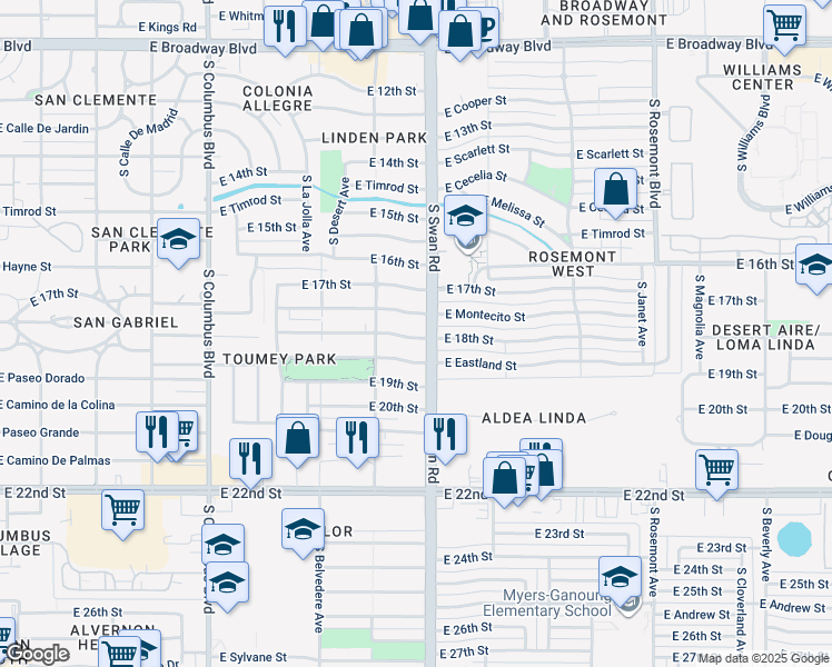 map of restaurants, bars, coffee shops, grocery stores, and more near 4641 East 18th Street in Tucson