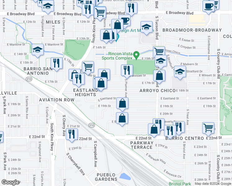 map of restaurants, bars, coffee shops, grocery stores, and more near 2100 East 18th Street in Tucson