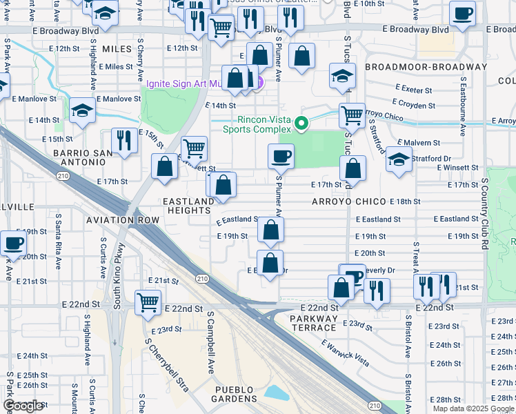 map of restaurants, bars, coffee shops, grocery stores, and more near 2104 East 18th Street in Tucson