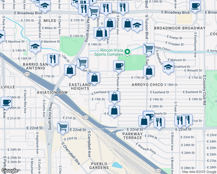 map of restaurants, bars, coffee shops, grocery stores, and more near 2100 East 18th Street in Tucson
