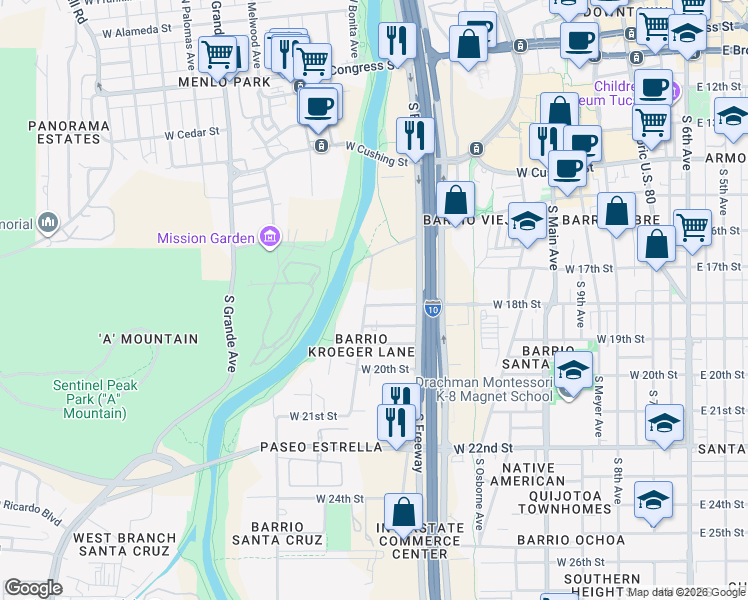 map of restaurants, bars, coffee shops, grocery stores, and more near 860 West 18th Street in Tucson