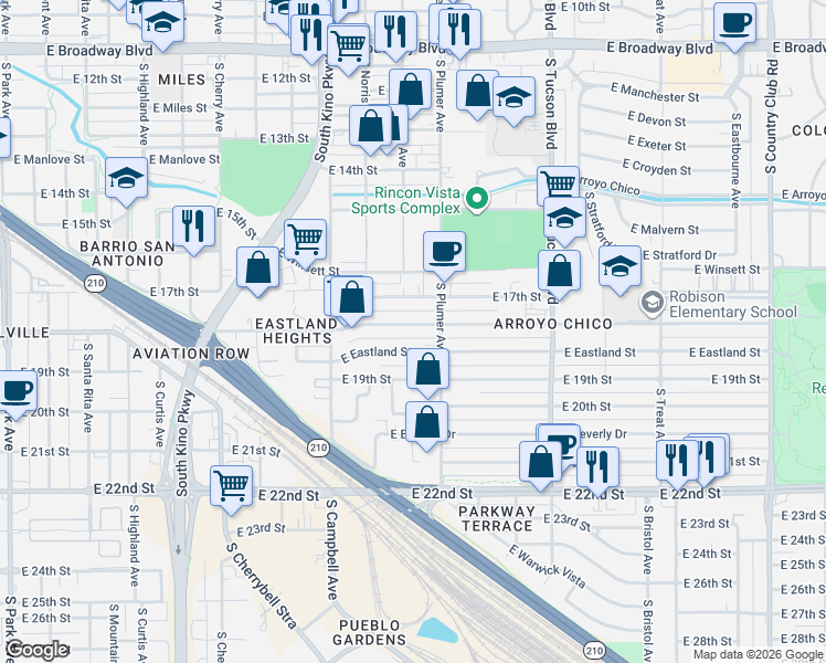 map of restaurants, bars, coffee shops, grocery stores, and more near 2112 East 18th Street in Tucson