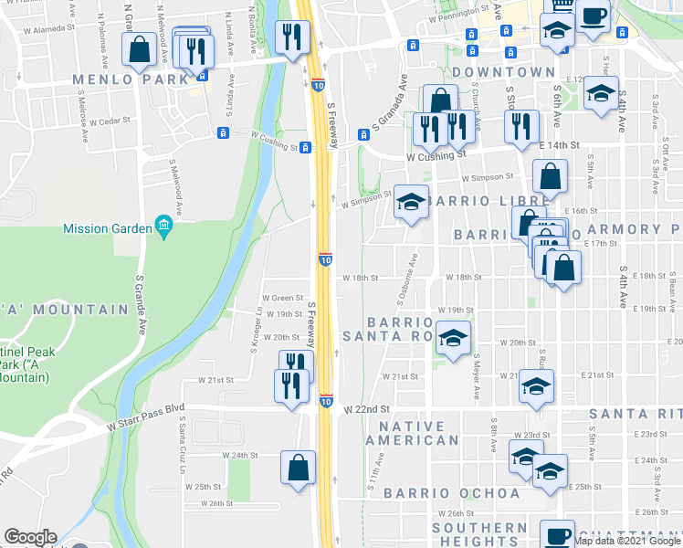 map of restaurants, bars, coffee shops, grocery stores, and more near 704 West 18th Street in Tucson
