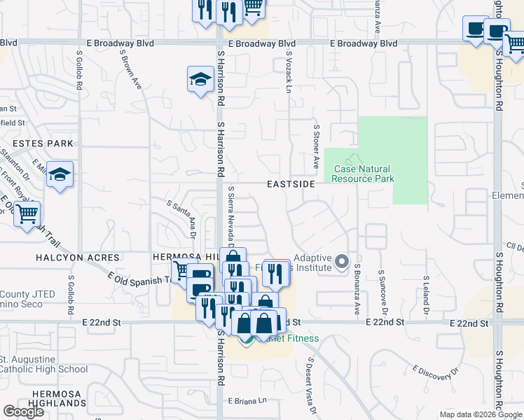 map of restaurants, bars, coffee shops, grocery stores, and more near 711 South Smokey Mountains Road in Tucson