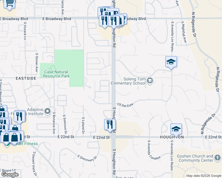 map of restaurants, bars, coffee shops, grocery stores, and more near 10270 East Juniper Basin Lane in Tucson