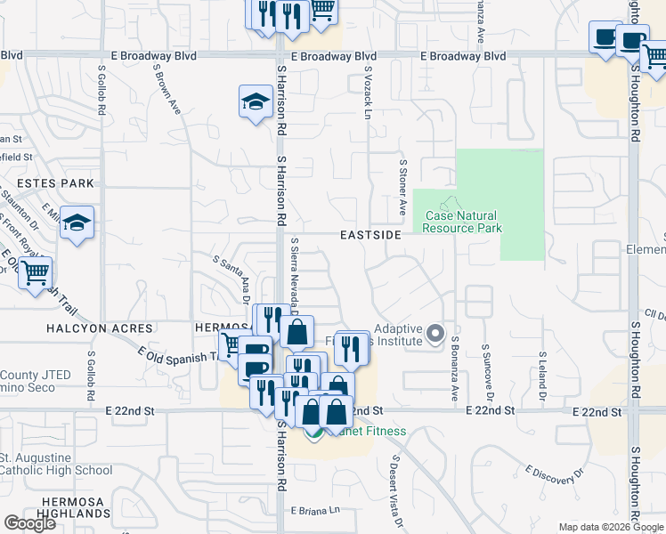 map of restaurants, bars, coffee shops, grocery stores, and more near 711 South Smokey Mountains Road in Tucson