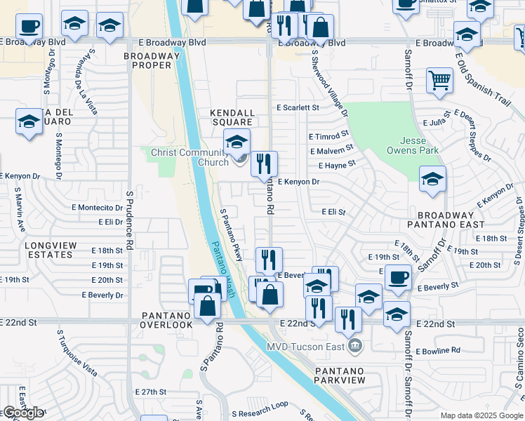 map of restaurants, bars, coffee shops, grocery stores, and more near 670 South Pantano Road in Tucson