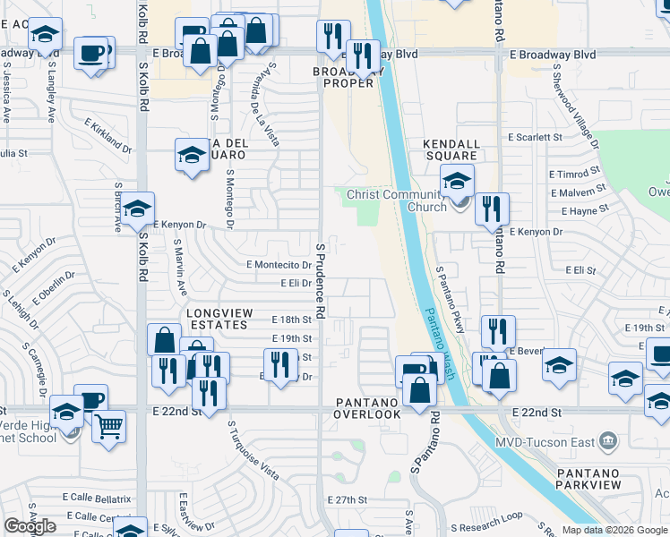 map of restaurants, bars, coffee shops, grocery stores, and more near 625 South Prudence Road in Tucson