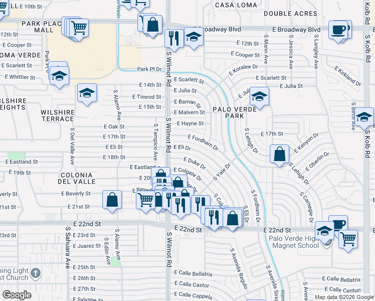 map of restaurants, bars, coffee shops, grocery stores, and more near 6401 East Eli Drive in Tucson