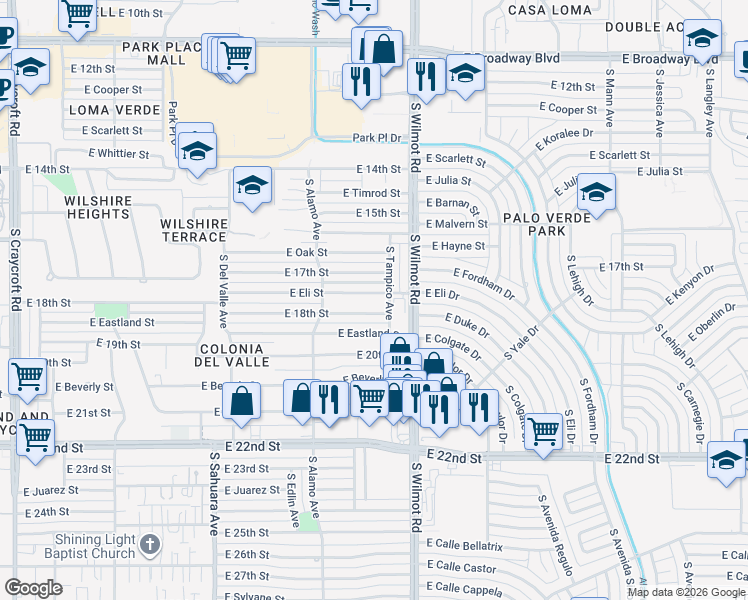 map of restaurants, bars, coffee shops, grocery stores, and more near 6231 East Eli Street in Tucson