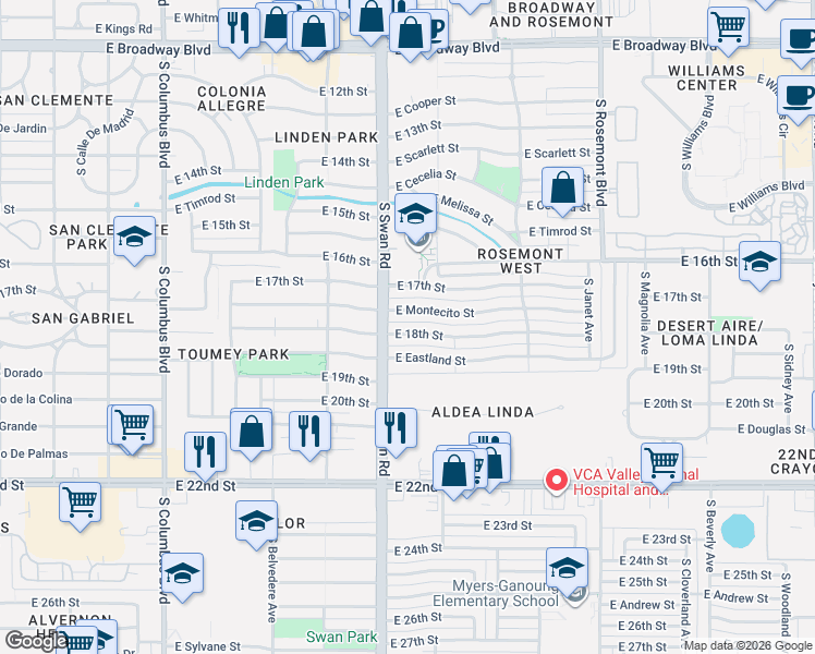 map of restaurants, bars, coffee shops, grocery stores, and more near 4702 East Montecito Street in Tucson