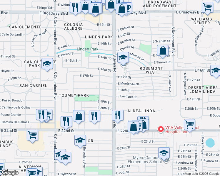 map of restaurants, bars, coffee shops, grocery stores, and more near 4628 East Montecito Street in Tucson