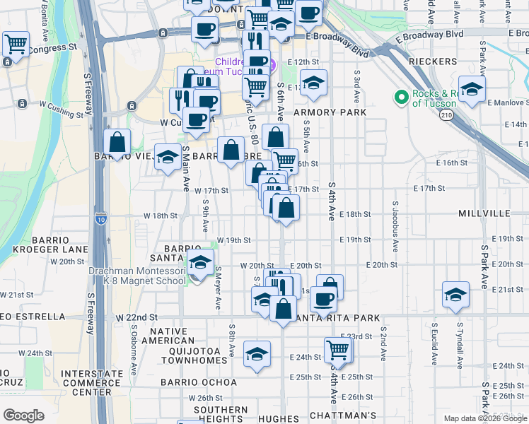 map of restaurants, bars, coffee shops, grocery stores, and more near 725 South 7th Avenue in Tucson