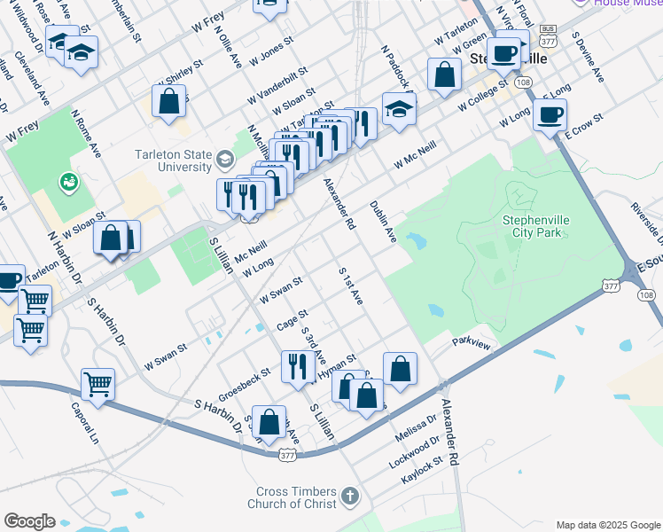 map of restaurants, bars, coffee shops, grocery stores, and more near 490 South 1st Avenue in Stephenville