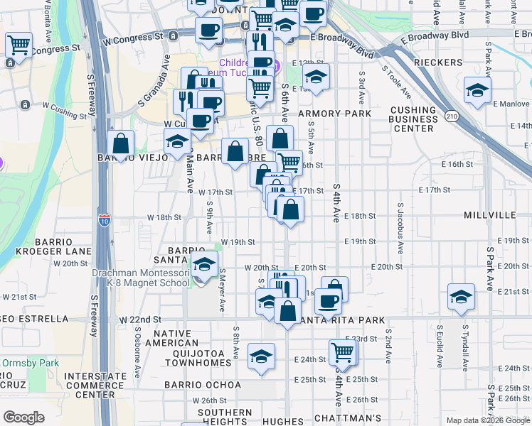 map of restaurants, bars, coffee shops, grocery stores, and more near 44 West 18th Street in Tucson