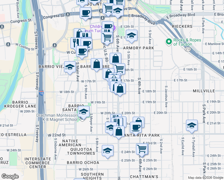 map of restaurants, bars, coffee shops, grocery stores, and more near 725 South 7th Avenue in Tucson