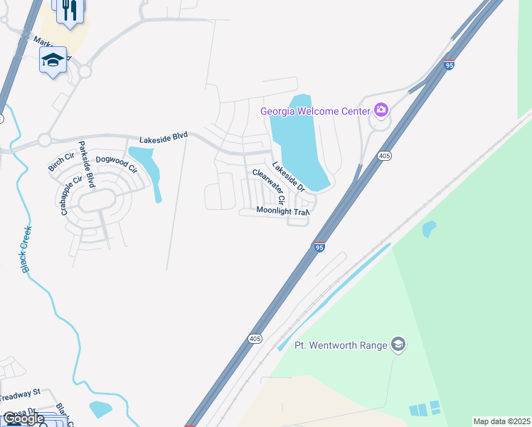 map of restaurants, bars, coffee shops, grocery stores, and more near 127 Moonlight Trail in Port Wentworth