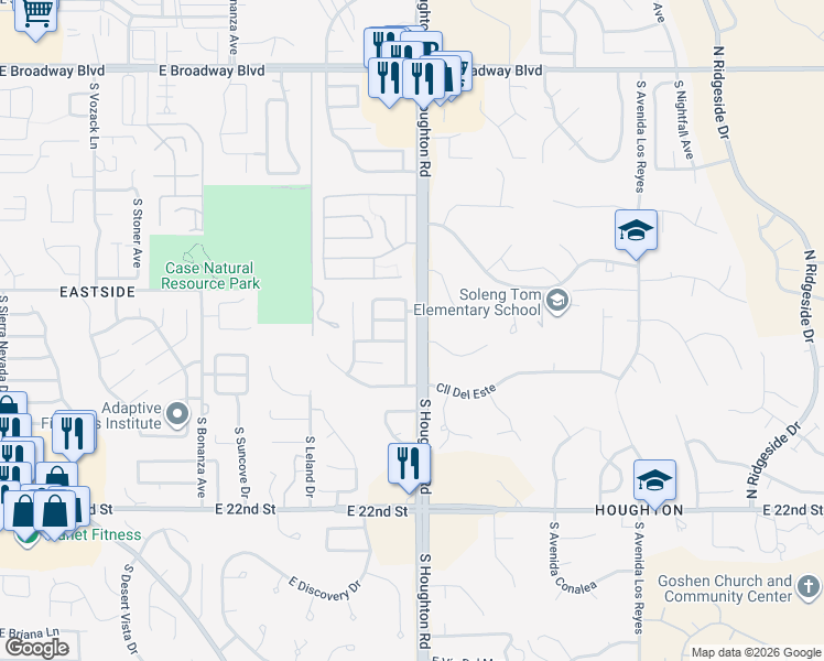 map of restaurants, bars, coffee shops, grocery stores, and more near 10270 East Juniper Basin Lane in Tucson