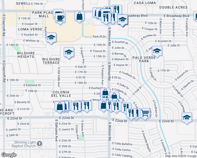 map of restaurants, bars, coffee shops, grocery stores, and more near 6231 East Eli Street in Tucson