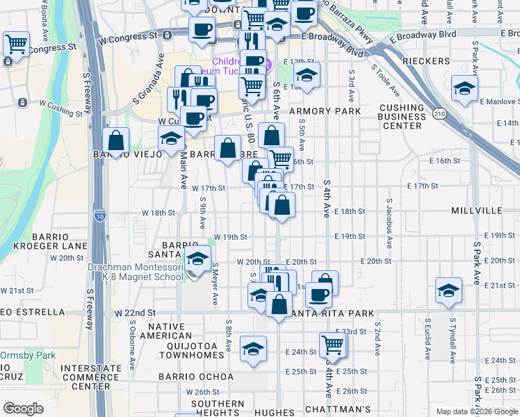 map of restaurants, bars, coffee shops, grocery stores, and more near 32 West 18th Street in Tucson