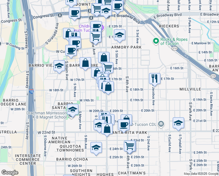 map of restaurants, bars, coffee shops, grocery stores, and more near 738 South 6th Avenue in Tucson