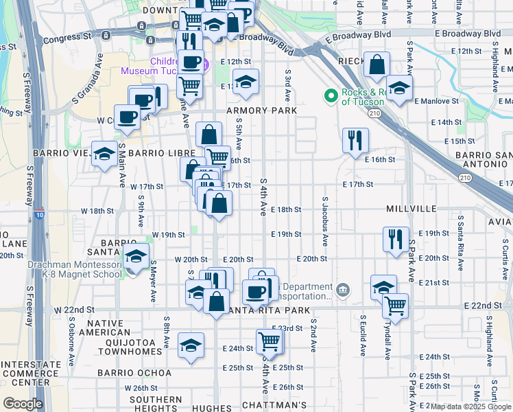 map of restaurants, bars, coffee shops, grocery stores, and more near 712 South 4th Avenue in Tucson