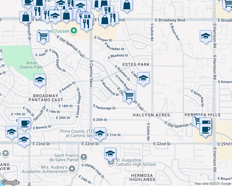 map of restaurants, bars, coffee shops, grocery stores, and more near 715 South Woodstock Drive in Tucson