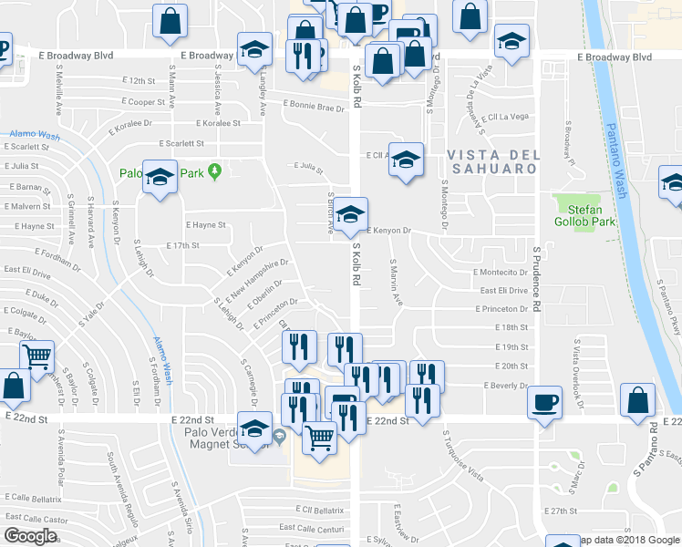 map of restaurants, bars, coffee shops, grocery stores, and more near 710 South Kolb Road in Tucson