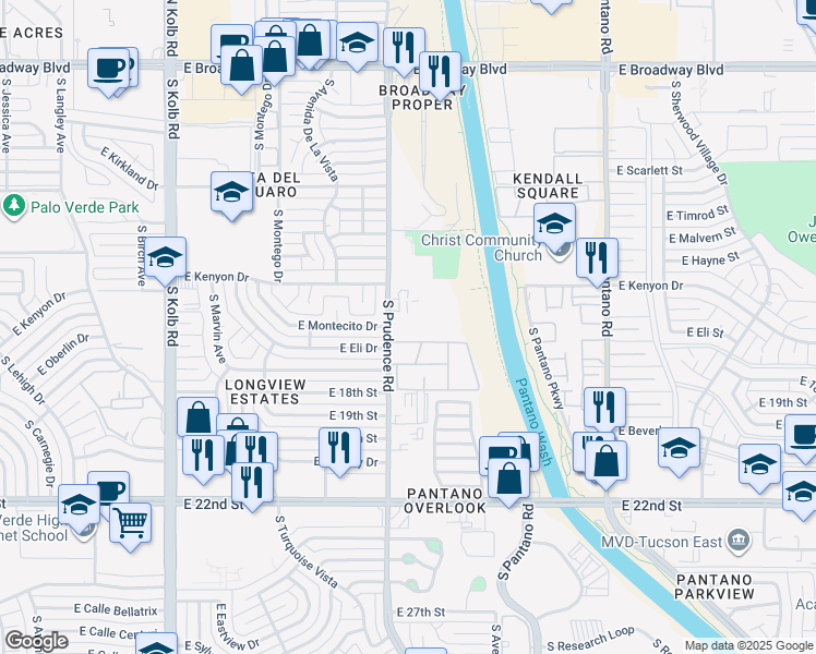 map of restaurants, bars, coffee shops, grocery stores, and more near 625 South Prudence Road in Tucson