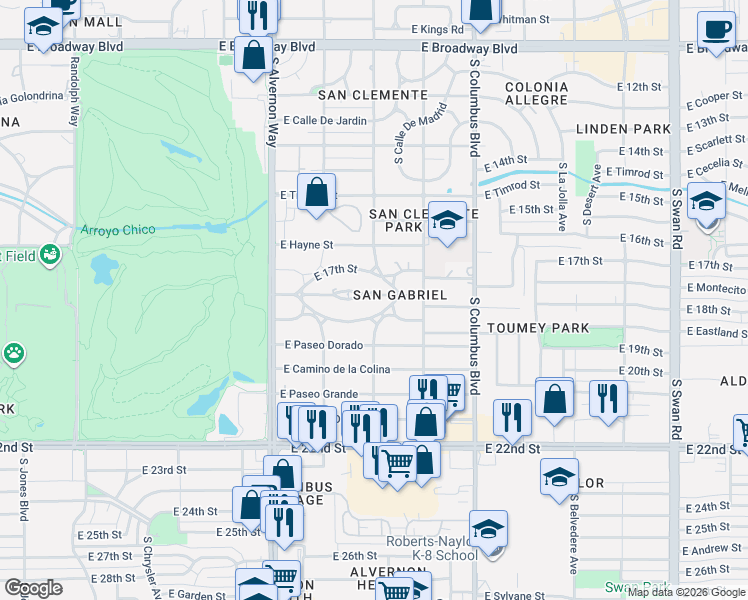 map of restaurants, bars, coffee shops, grocery stores, and more near 4086 East Montecito Street in Tucson