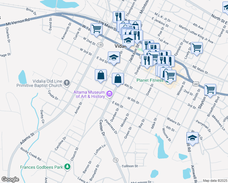 map of restaurants, bars, coffee shops, grocery stores, and more near 607 Jackson Street in Vidalia