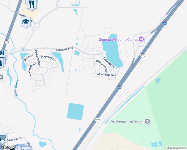 map of restaurants, bars, coffee shops, grocery stores, and more near 145 Moonlight Trail in Port Wentworth