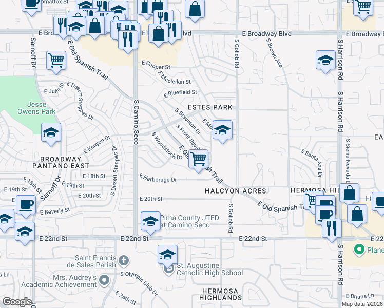 map of restaurants, bars, coffee shops, grocery stores, and more near 722 South Front Royal Drive in Tucson