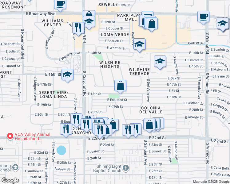 map of restaurants, bars, coffee shops, grocery stores, and more near 5713 East 18th Street in Tucson