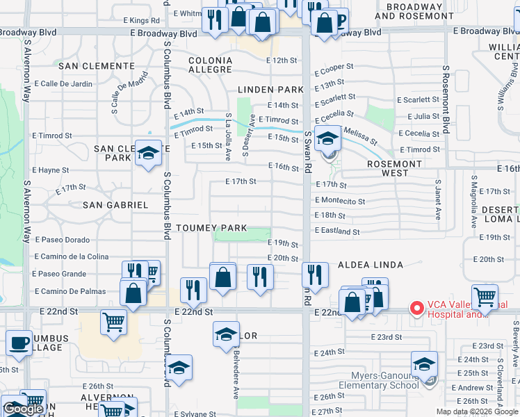 map of restaurants, bars, coffee shops, grocery stores, and more near 4551 East 18th Street in Tucson