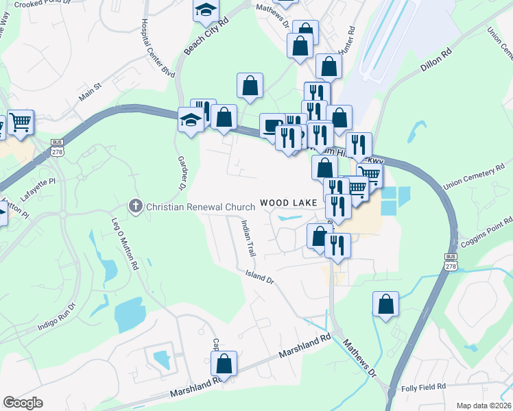 map of restaurants, bars, coffee shops, grocery stores, and more near 26 Indian Trail in Hilton Head Island