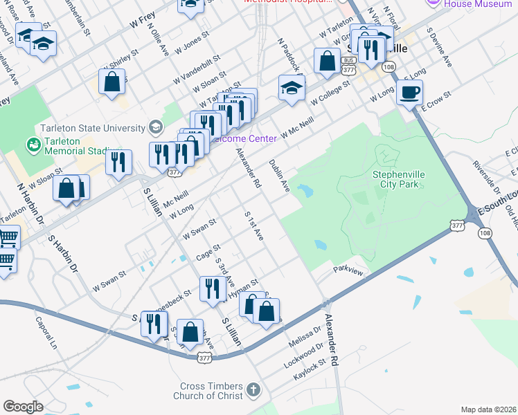 map of restaurants, bars, coffee shops, grocery stores, and more near 560 Alexander Road in Stephenville