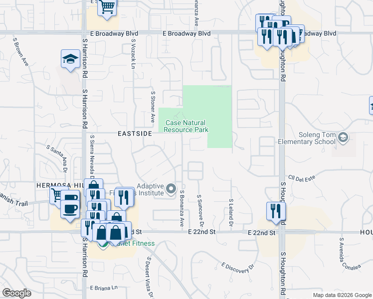 map of restaurants, bars, coffee shops, grocery stores, and more near 9916 East Caldera Place in Tucson