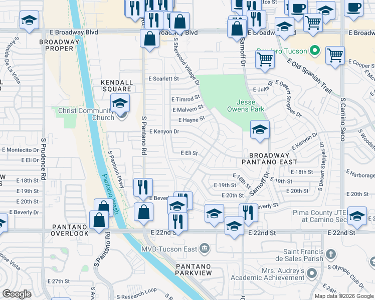 map of restaurants, bars, coffee shops, grocery stores, and more near 8051 East Eli Street in Tucson